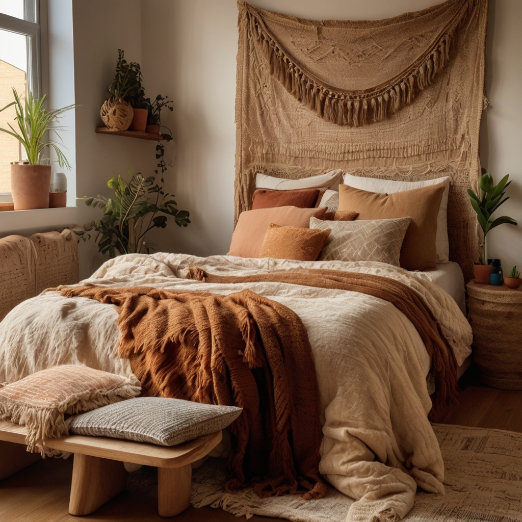 Earthy bohemian bedding with bold patterns and textures. Shot from a corner, softly lit by natural light.