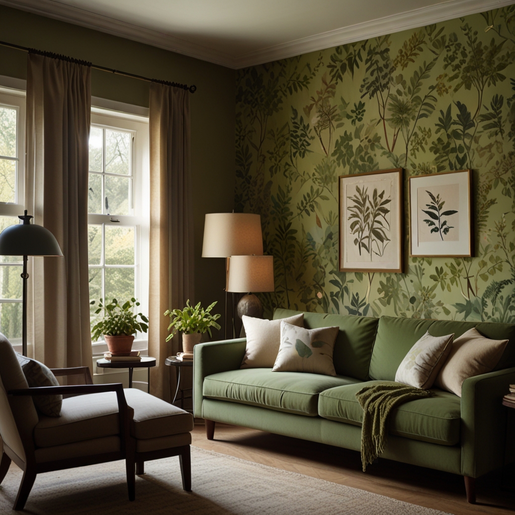 A calming room with earthy green and beige walls and leaf-patterned wallpaper, inspired by outdoor landscapes. Soft natural light fills the space, enhancing the tranquil, grounded atmosphere.