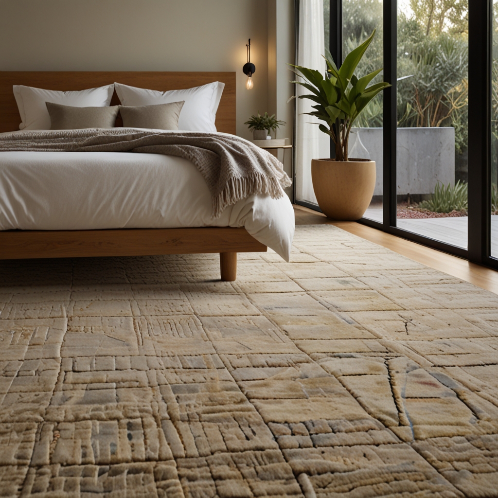 A serene bedroom with soft, neutral tones and warm natural lighting streaming from a window. Light wood floors and subtle greenery add to the calm, inviting ambiance.