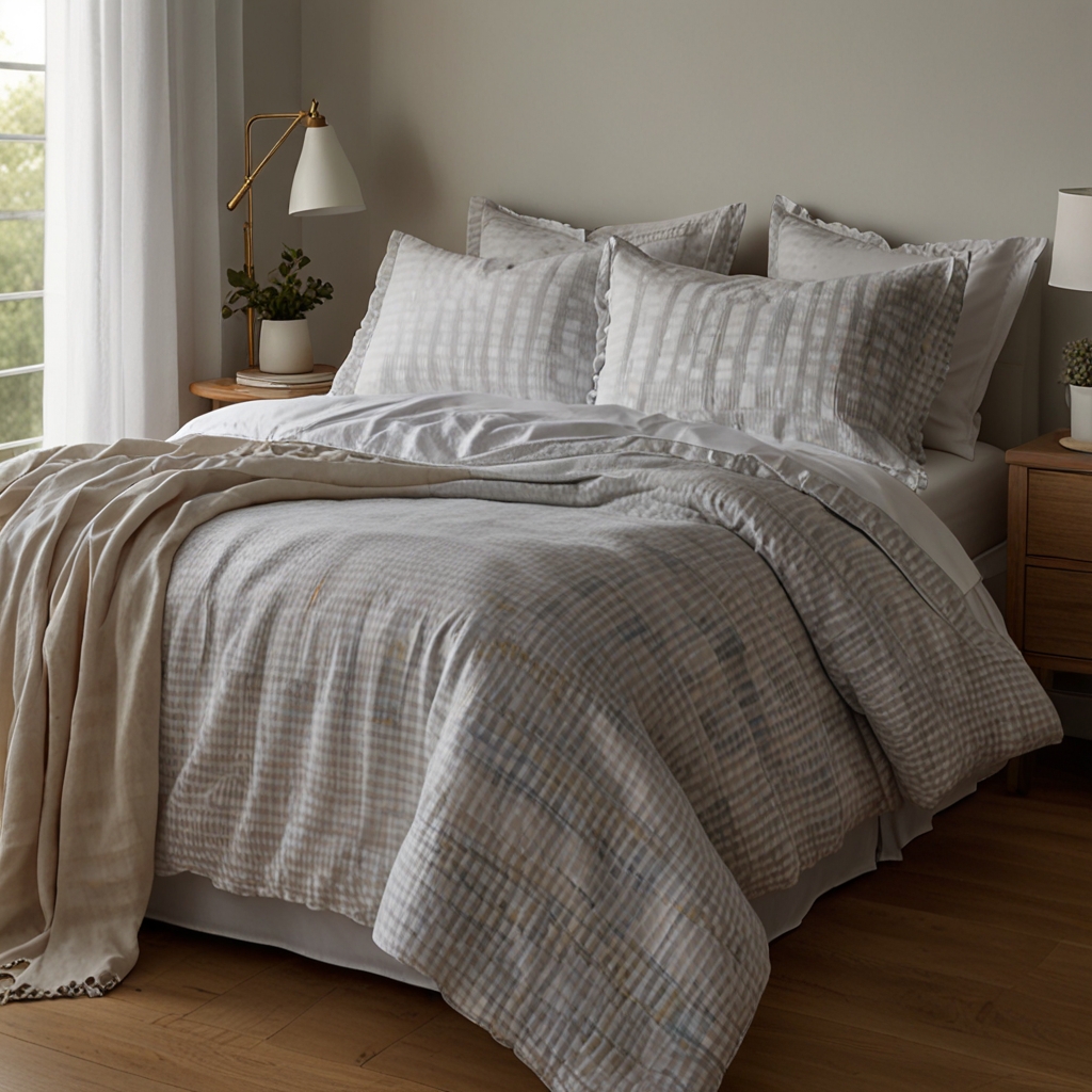 Light bedding with minimal patterns, soft side lighting. Captures a calm, minimalist Scandinavian feel.