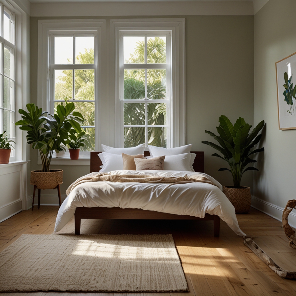 Bright bedroom with lush indoor plants adding a fresh touch. Sunlight fills the room, highlighting the vibrant green tones against a soft, neutral backdrop.