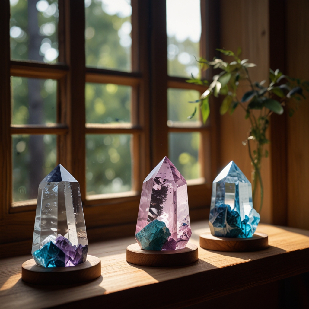 Healing crystals on a wooden shelf catch sunlight, adding sparkle. The room feels warm, with crystal reflections adding to the calm.