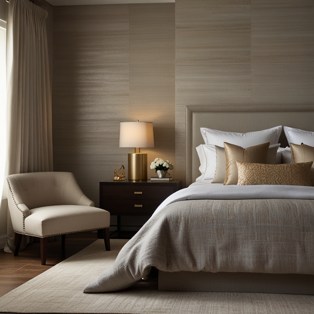 Bedroom with gray textured walls and ambient lighting casting soft shadows. The plush bed and warm tones create a cozy, layered atmosphere.