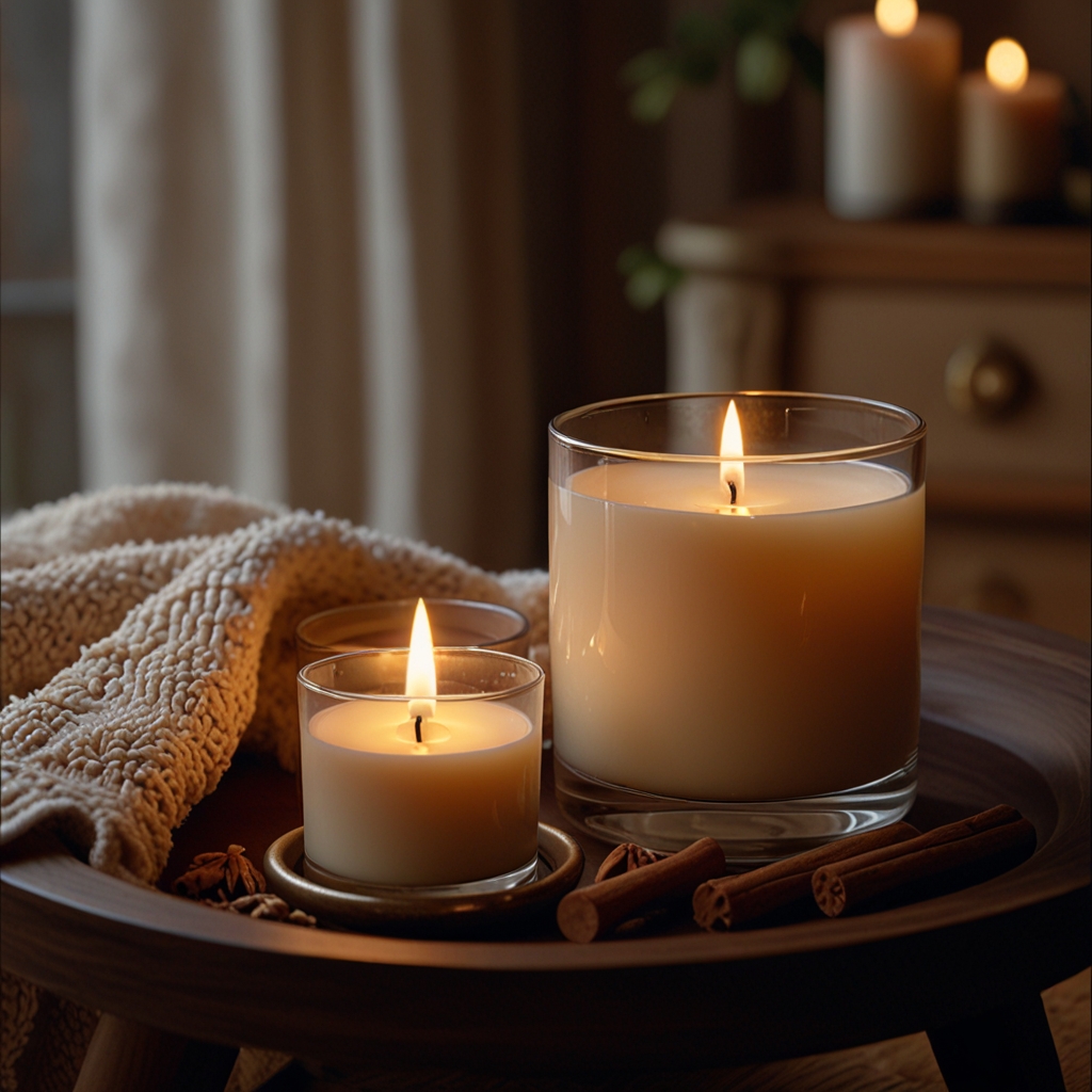 Scented candles on a small table create a relaxing ambiance with a warm glow. The soft lighting and soothing fragrance enhance relaxation.