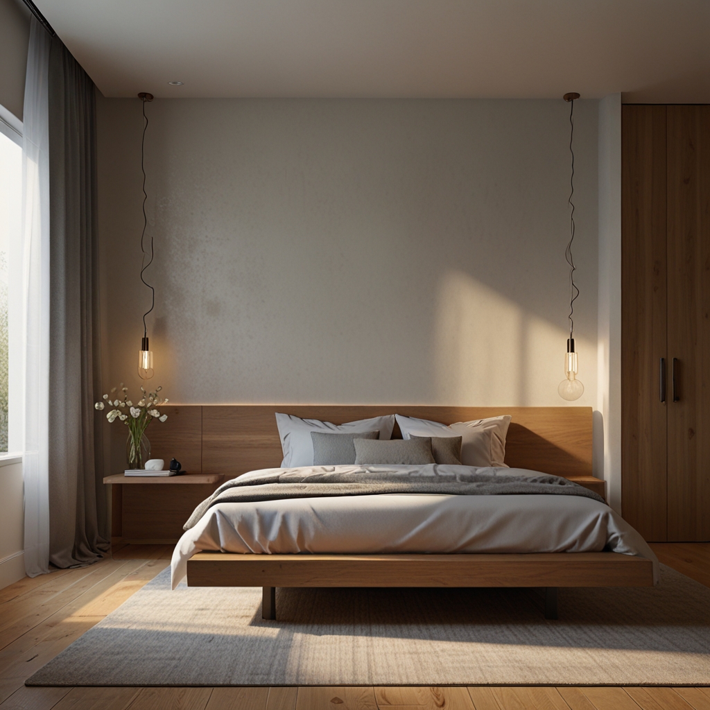 A minimalist bedroom with floating nightstands and clean, light wood accents. Sunlight filters in, creating soft shadows on the airy, open floor.