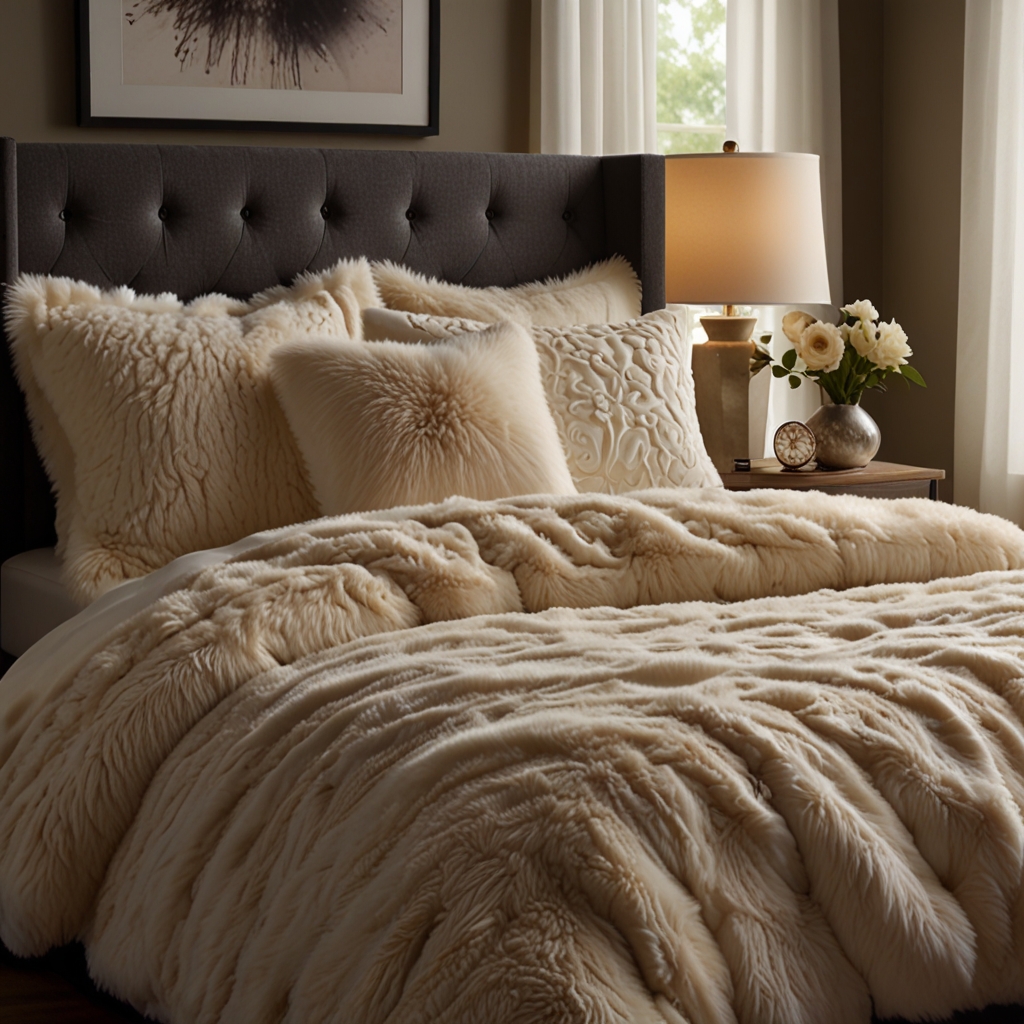 Ultra-plush bedding in faux fur, warmly lit. Creates a cozy, cuddly atmosphere for winter.