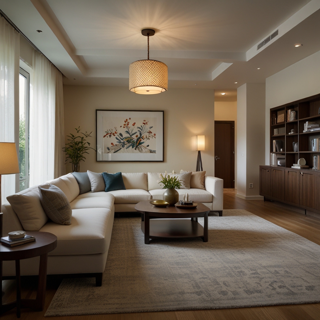 A balanced, open furniture layout follows Feng Shui principles. Soft lighting flows through the room, enhancing harmony and energy.