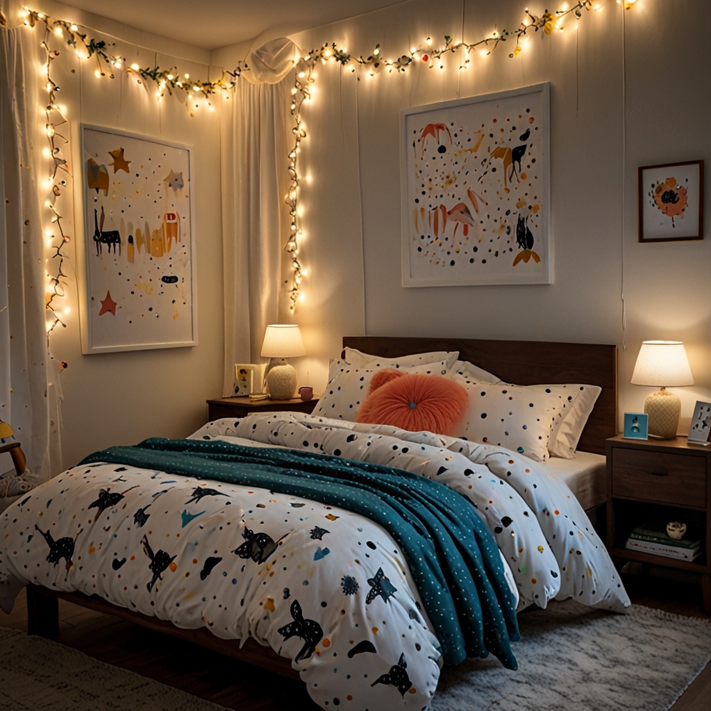 Bedding with stars and moons, brightly lit by string lights. A playful, magical feel fills the room.