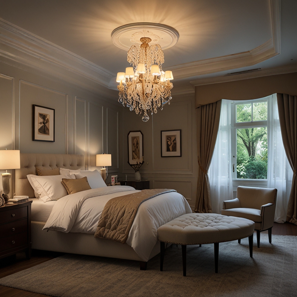 Bedroom with a detailed ceiling treatment and a chandelier casting warm light. The light wood floor and elegant decor add depth and richness.