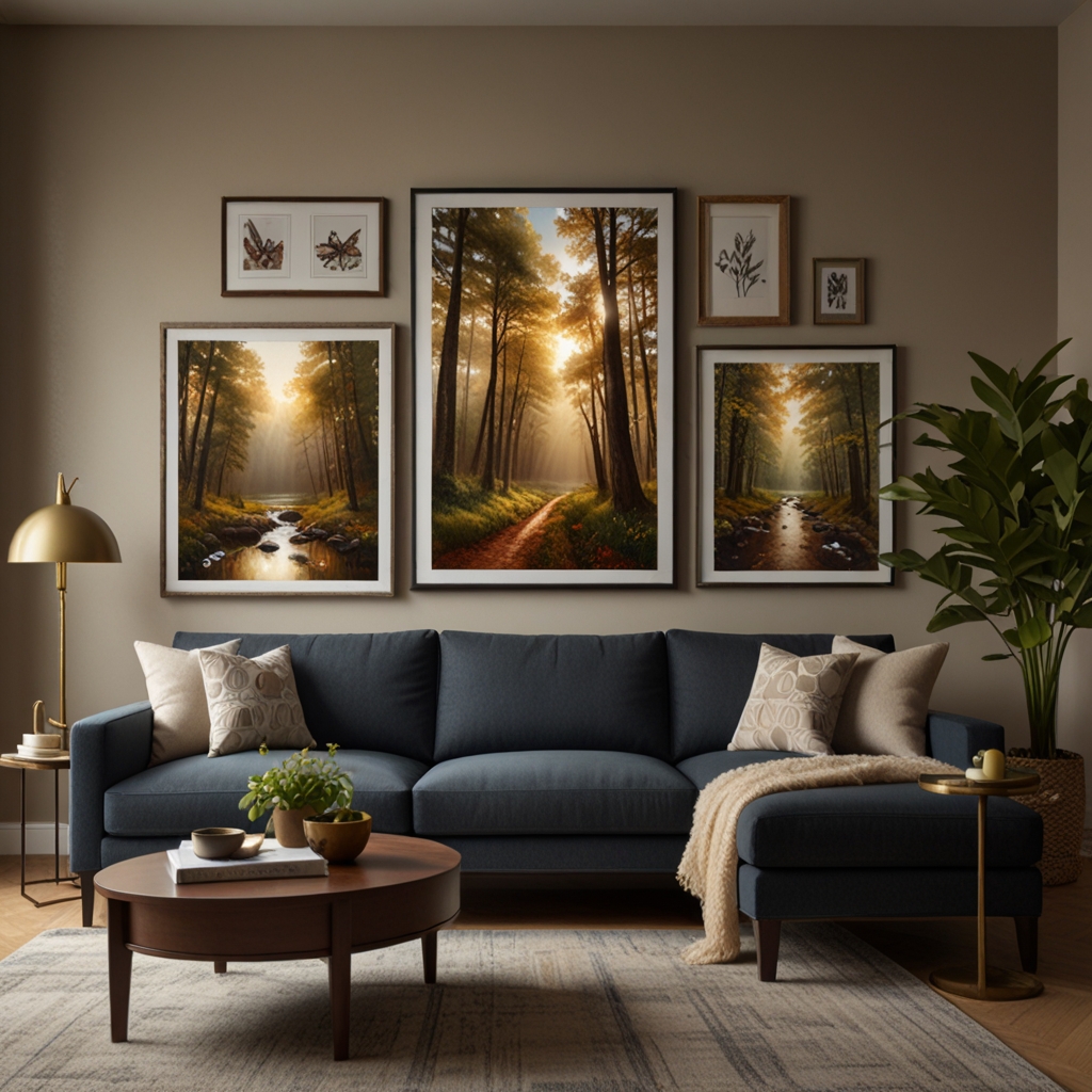 Wall art featuring nature scenes and uplifting quotes fills the room with warmth. Gentle light highlights the art’s personal, healing energy.