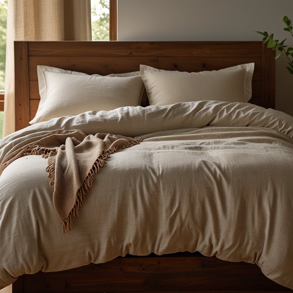 Neutral-toned organic bedding, softly lit by natural light. Straight-on shot enhances the natural aesthetic.