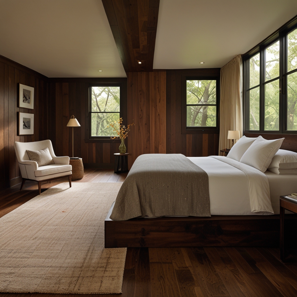 Bedroom with warm wood accents and soft natural light filling the room. Rich wood tones and a cozy rug create an inviting, classic feel.