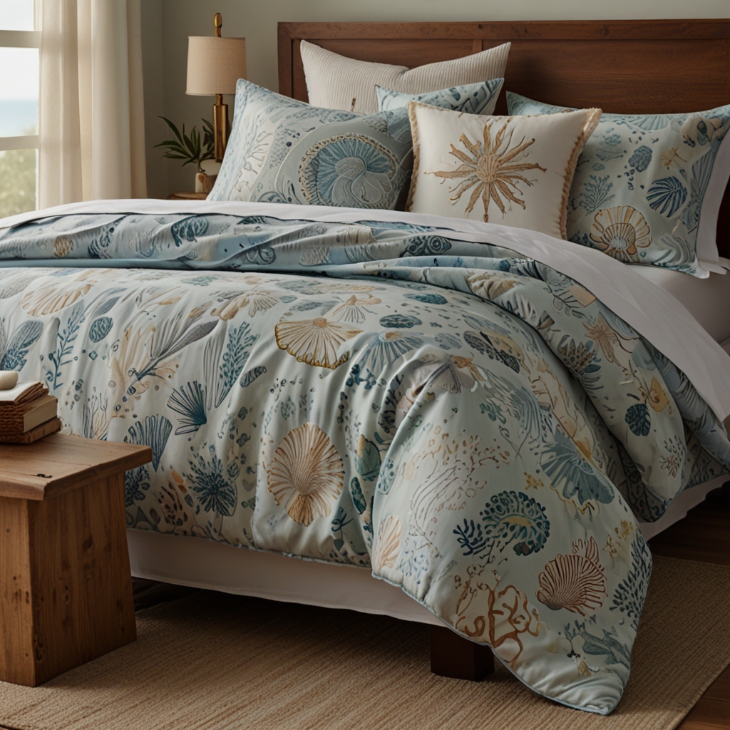 Ocean-tone bedding in blues and whites, softly front-lit. A serene, beachy vibe reminiscent of the coast.