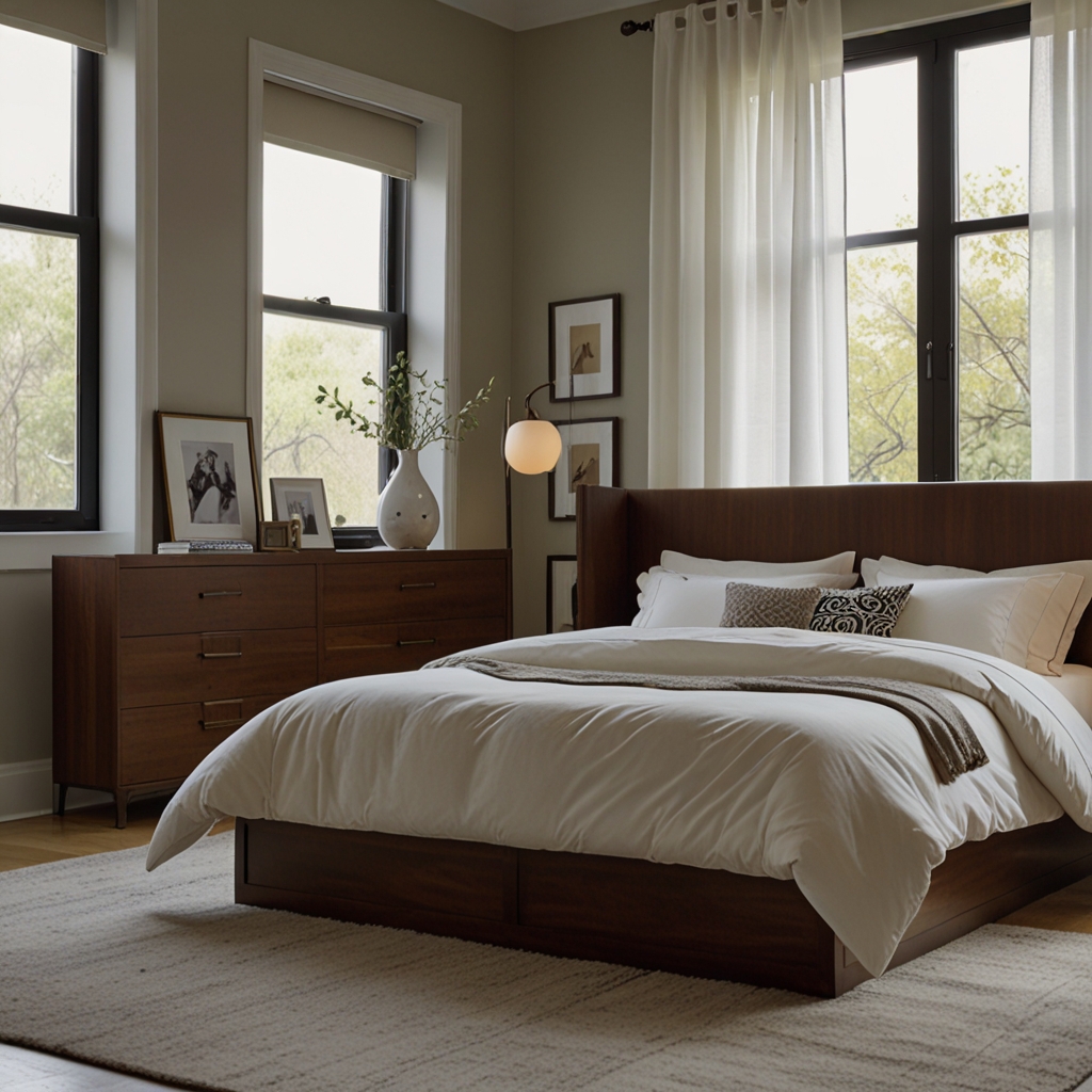 A stylish bedroom with a modern, organized dresser and clean decor. Balanced ambient lighting highlights the tidy, functional design.