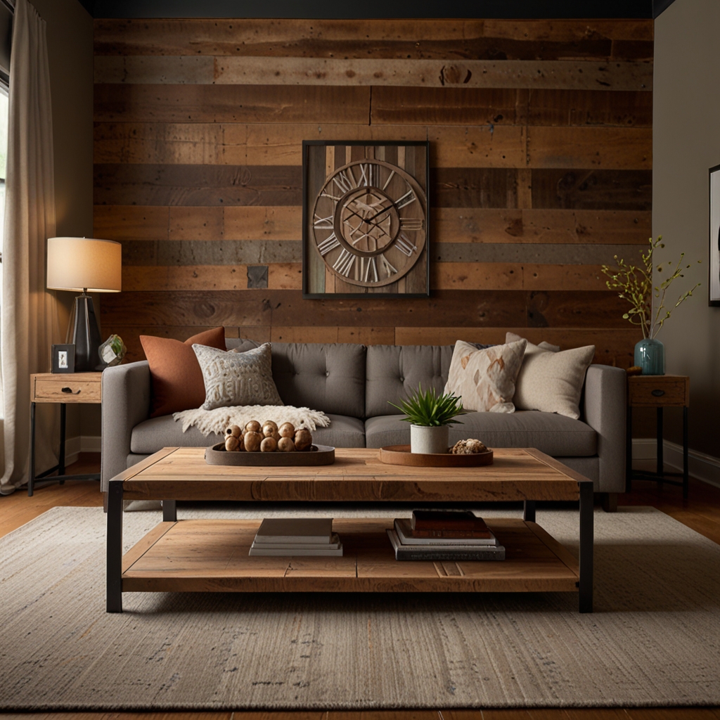 Rustic reclaimed wood decor pieces add warmth and texture to the room. Even lighting brings out the wood’s character and natural charm.