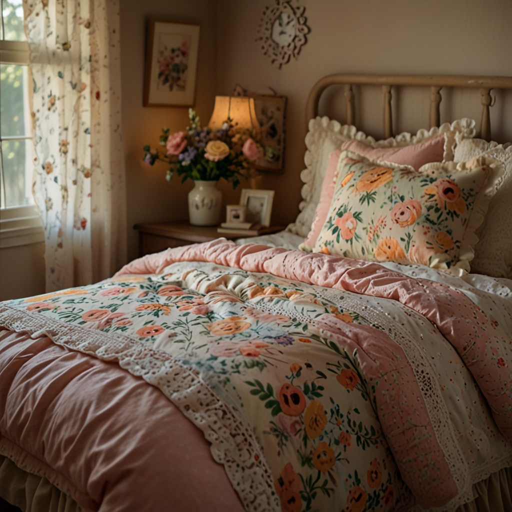 Floral and lace bedding in soft pastels, warmly lit. Creates a vintage, country-inspired feel.