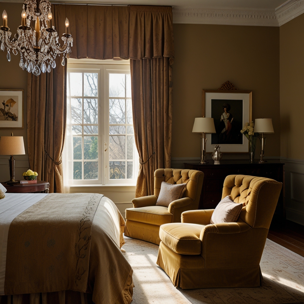 Bedroom with a luxurious velvet-upholstered headboard and a soft accent chair. Sunlight highlights the fabric's rich texture, adding depth and warmth.