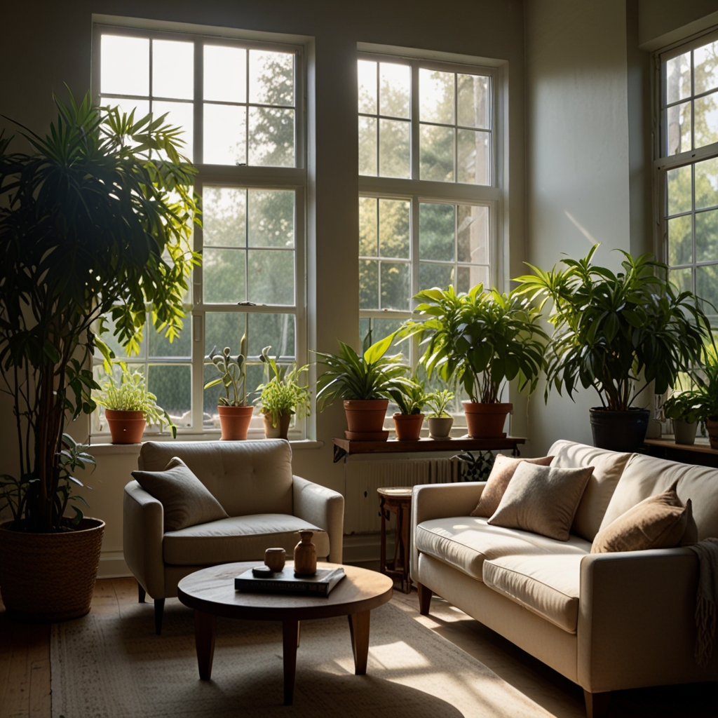 Hanging plants near a window bring greenery without taking up floor space. Soft light casts gentle shadows, adding dimension and life.