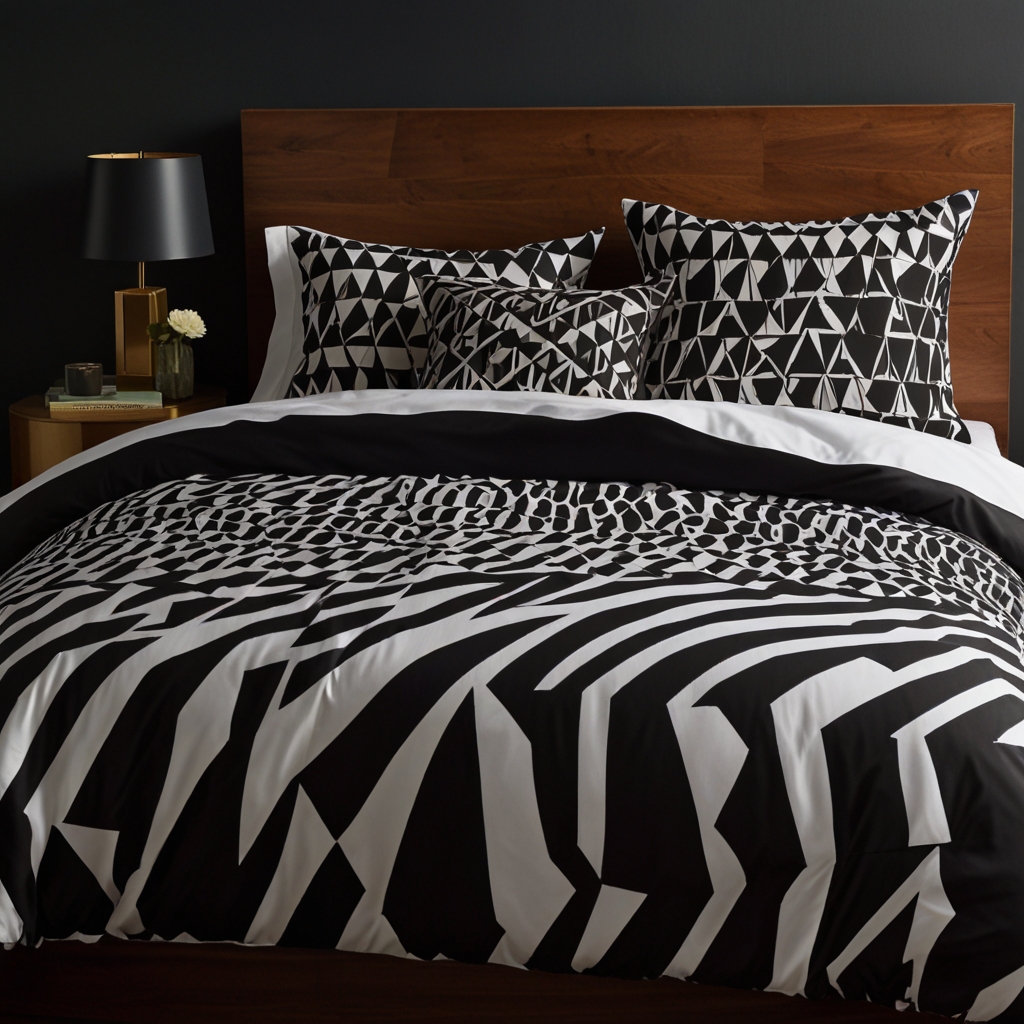 Black-and-white bedding with large geometric patterns. Strong lighting emphasizes the bold, modern look.