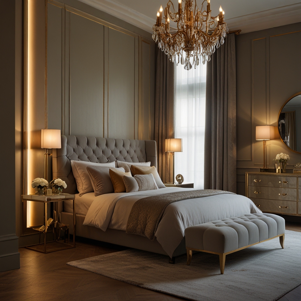 A chic bedroom with subtle metallic decor and warm lighting. Metallic accents gently reflect the light, adding a touch of understated elegance.