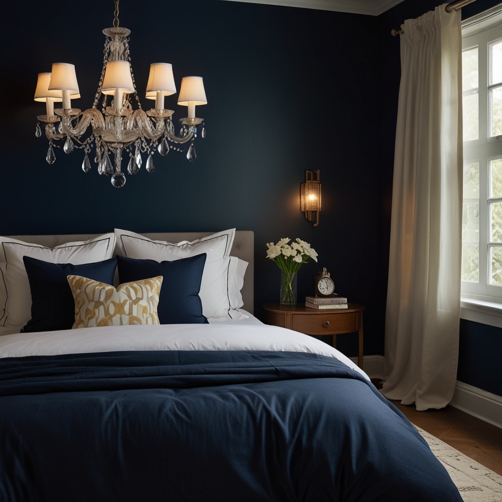 Sophisticated bedroom with a bold navy accent wall contrasting neutral furniture. Soft lighting highlights the wall’s color, adding depth to the space.