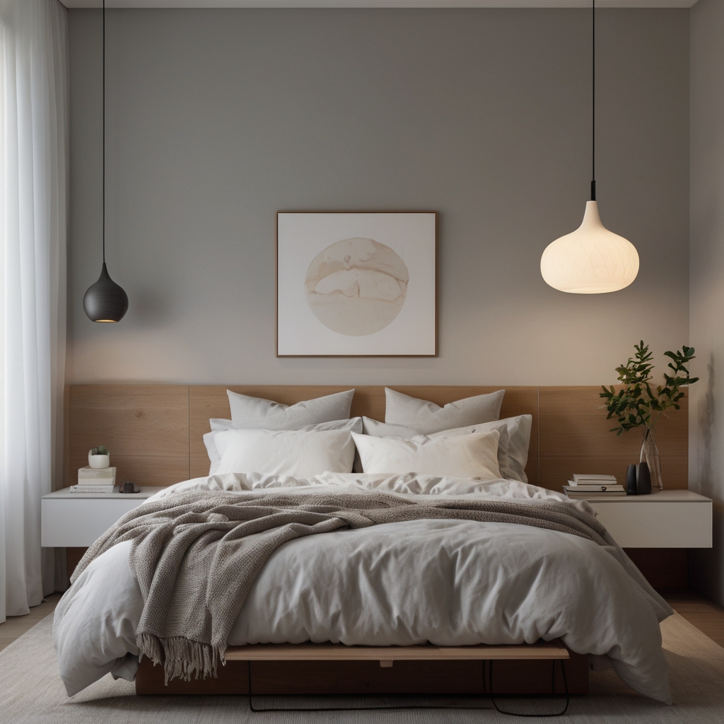 Light bedding with clean, simple lines for a serene feel. Soft side lighting highlights the calm vibe.