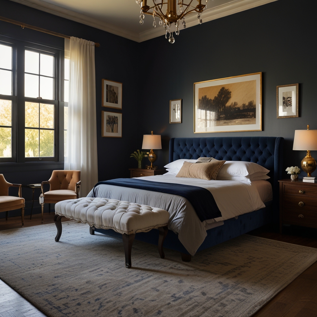 Luxurious bedroom with a bold, tufted navy headboard and plush white linens. Afternoon sunlight casts soft shadows, enhancing the room's elegant design.