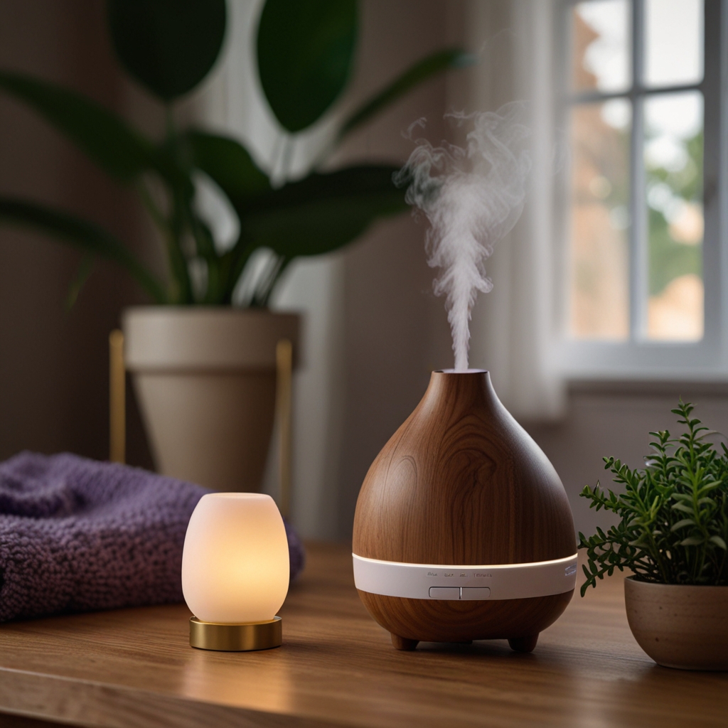 A minimalist diffuser on a wooden table emits soothing lavender mist. The room feels serene, with ambient lighting creating a cozy, relaxing environment.