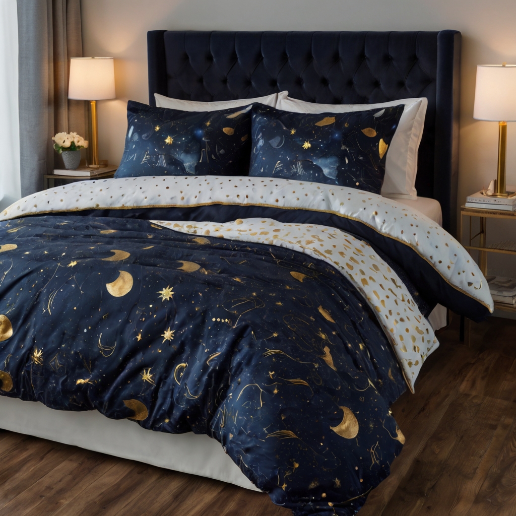 Starry bedding in navy with gold accents, softly lit. Creates a dreamy, otherworldly atmosphere.