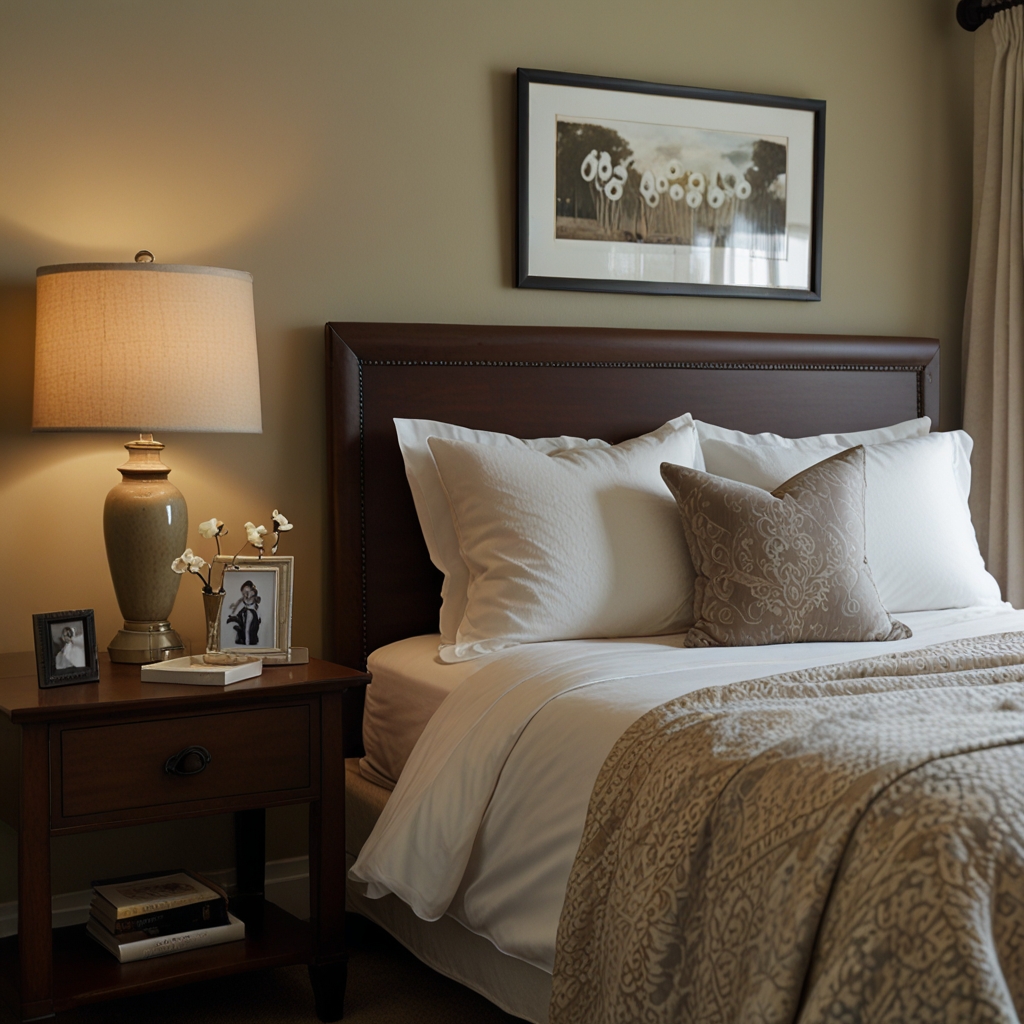 Bedroom with monogrammed bedding and custom decor items, creating a personal, cozy feel. Soft natural light adds warmth and intimacy to the space.