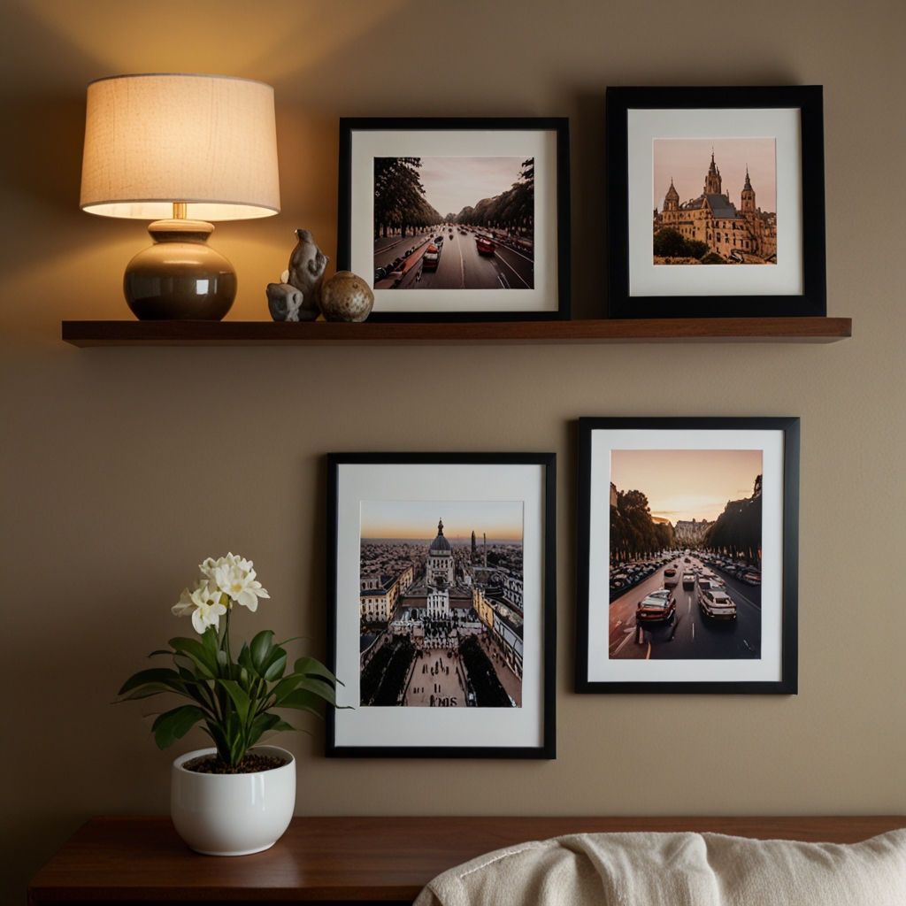 Framed photos and personal keepsakes create a warm, intimate space. Soft lighting enhances the comforting, sentimental atmosphere.