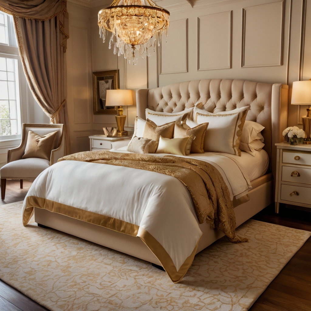 Cream and gold bedding, softly lit for a luxurious look. Elegant details bring a spa-like, royal feel.