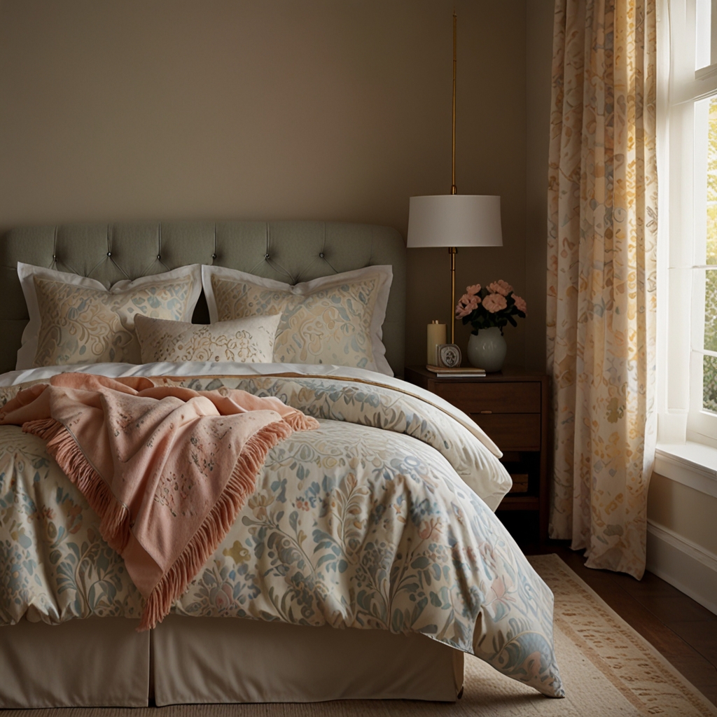 Bedroom with patterned bedding in pastel colors, softly lit by ambient light. Delicate details on the bed create a peaceful, calming atmosphere.