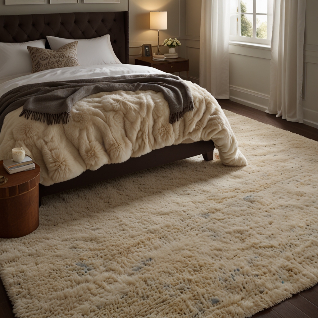 A plush area rug in neutral tones adds warmth and comfort underfoot. Gentle lighting invites relaxation, making the room feel cozy.