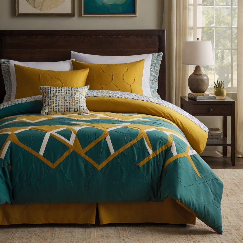 Color-blocked bedding in mustard and teal, brightly lit. Retro tones create a playful, timeless aesthetic.