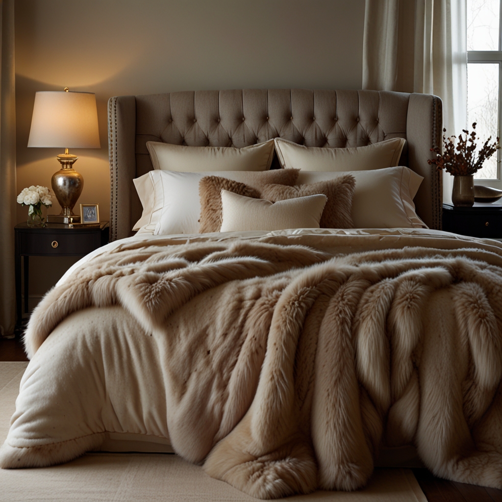 Elegant bedroom with a soft throw blanket draped over the bed. Warm lighting and gentle shadows enhance the room’s cozy, luxurious feel.