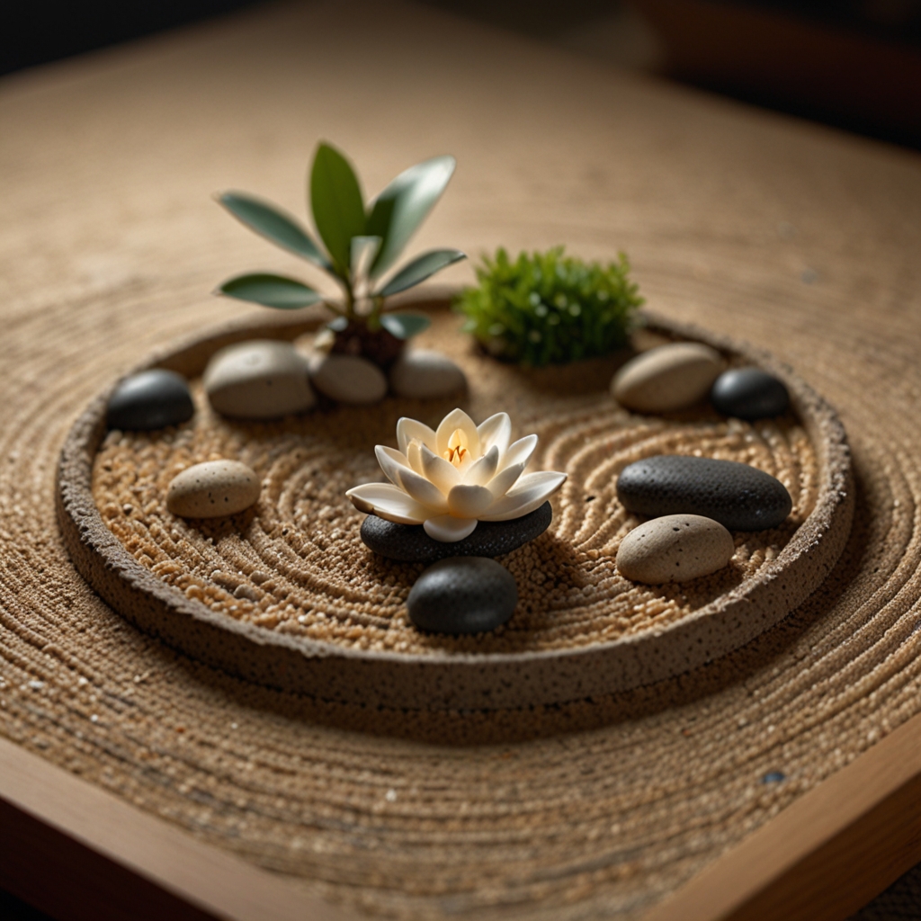 A mini Zen garden with sand, stones, and bamboo creates a peaceful oasis. The soft lighting enhances the meditative and calming vibe.