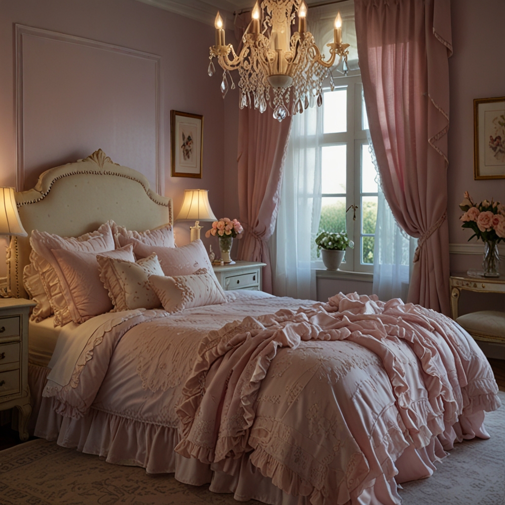 Soft pink bedding with lace details, gently lit. Captures a romantic, graceful feel with ruffled textures.