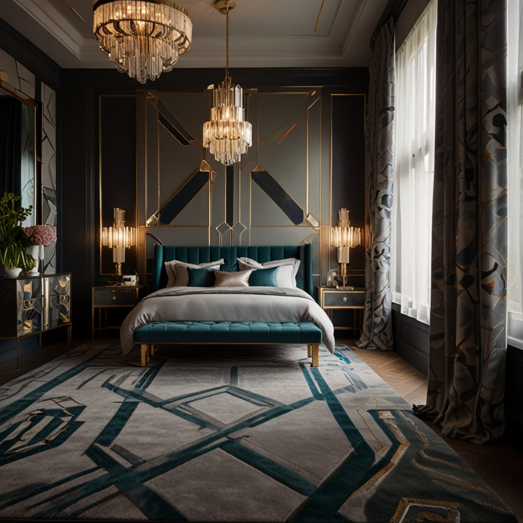 Art deco-style bedroom with geometric decor, mirrored furniture, and a statement chandelier. Soft light adds vintage glamour to the space.