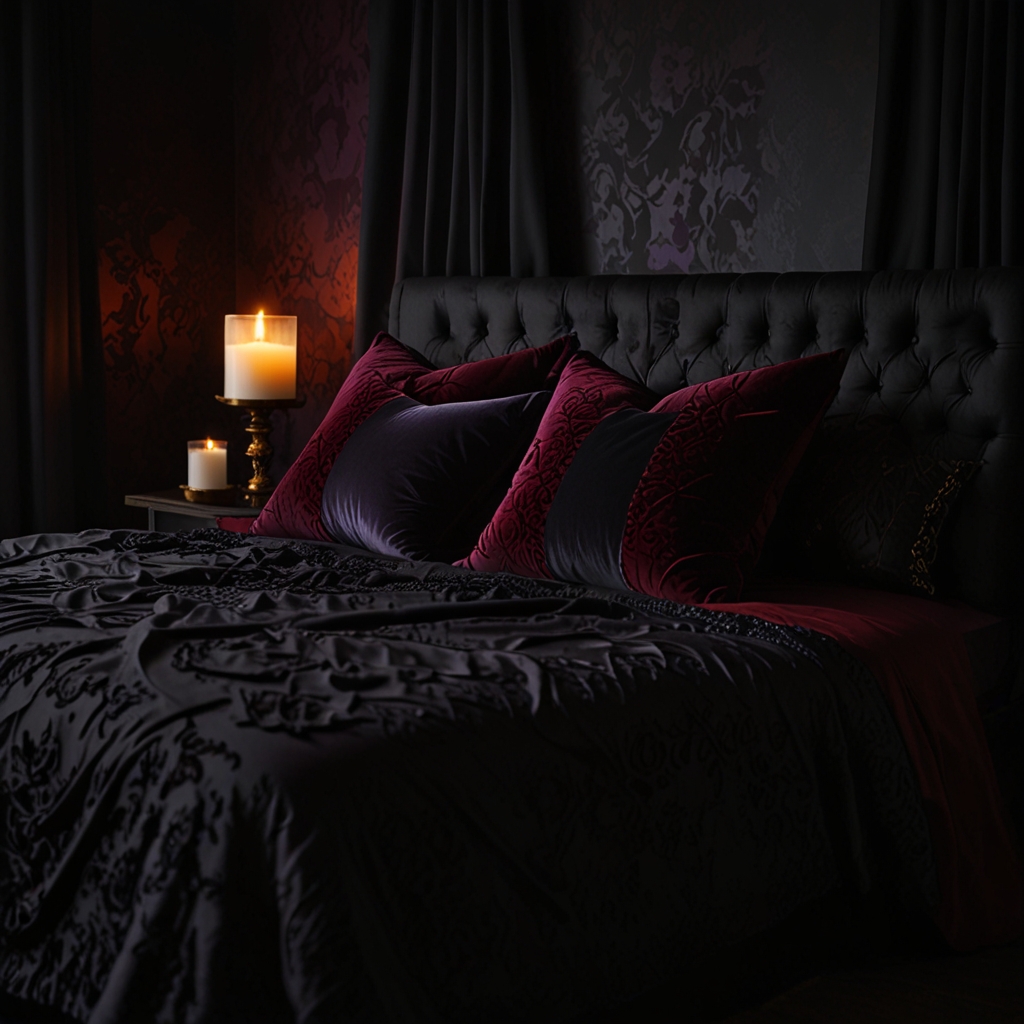 Dark bedding in black and deep red, dimly lit. Adds a mysterious, dramatic ambiance to the room.