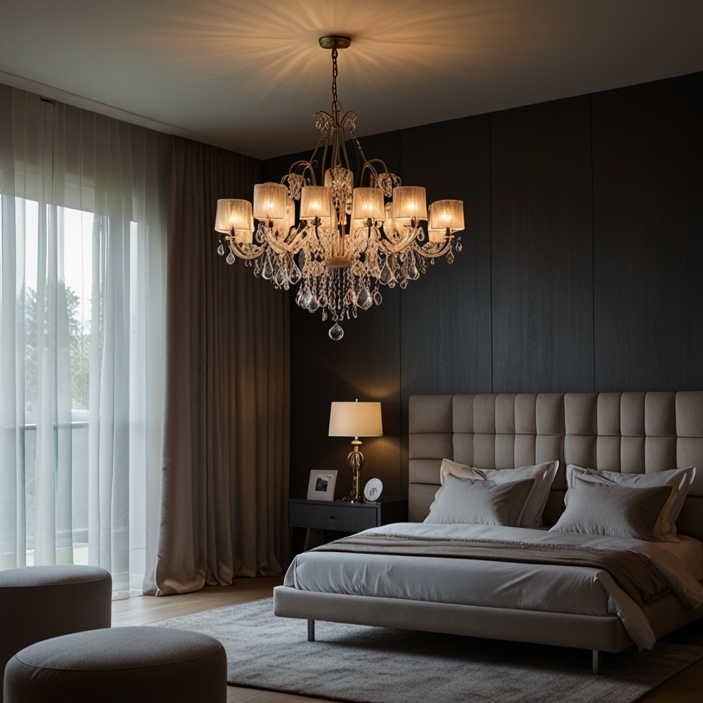 A modern bedroom with unique, custom lighting creating a warm ambiance. Soft shadows and natural light add depth to the carefully designed space.