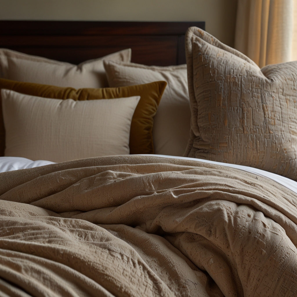 Bedding in layered textures like velvet, linen, and wool. Warm lighting captures the cozy, layered depth.