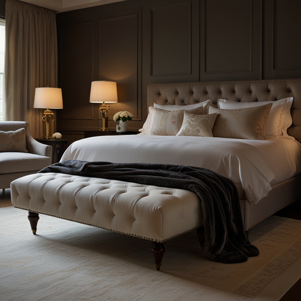 Bedroom with a velvet ottoman at the foot of the bed, illuminated by warm light. Natural light from the window highlights the luxurious fabric.