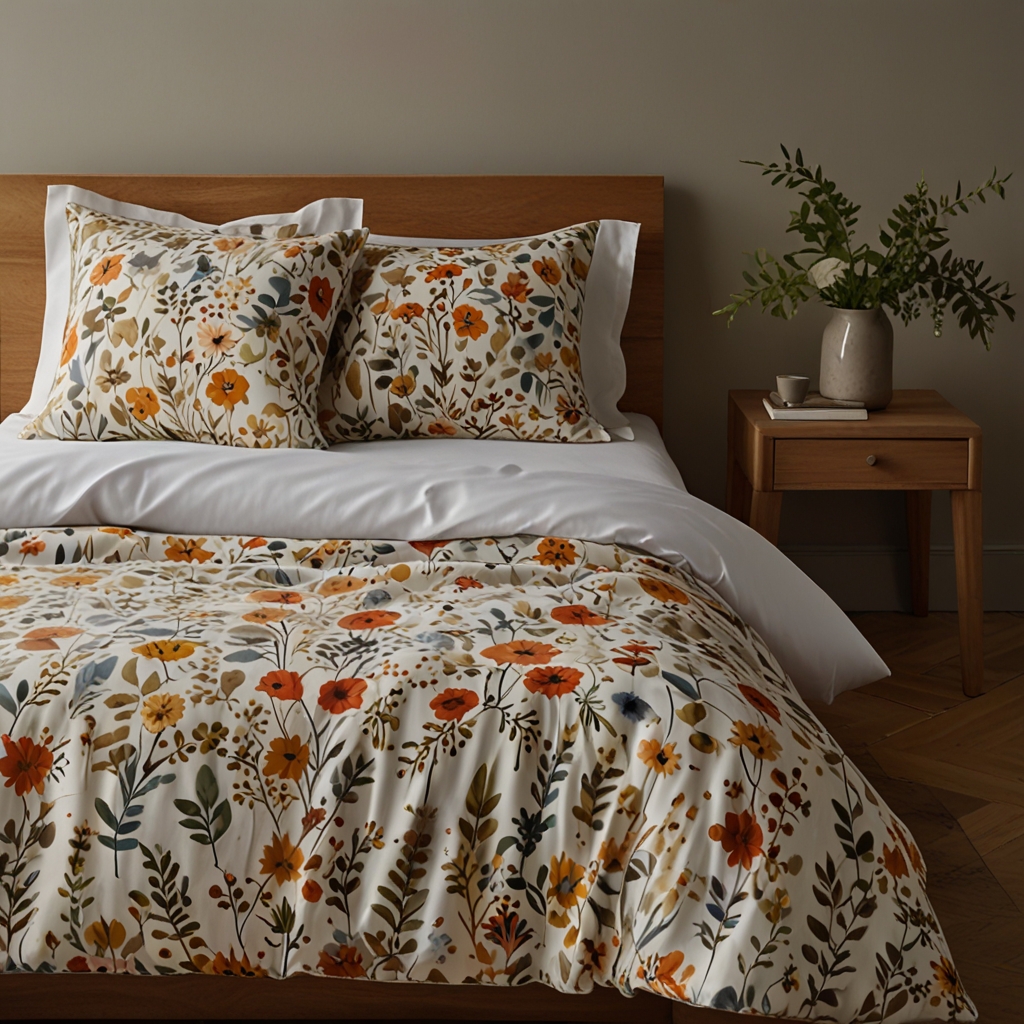 Floral bedding in greens and browns, softly lit by natural light. Brings a fresh, nature-inspired look indoors.