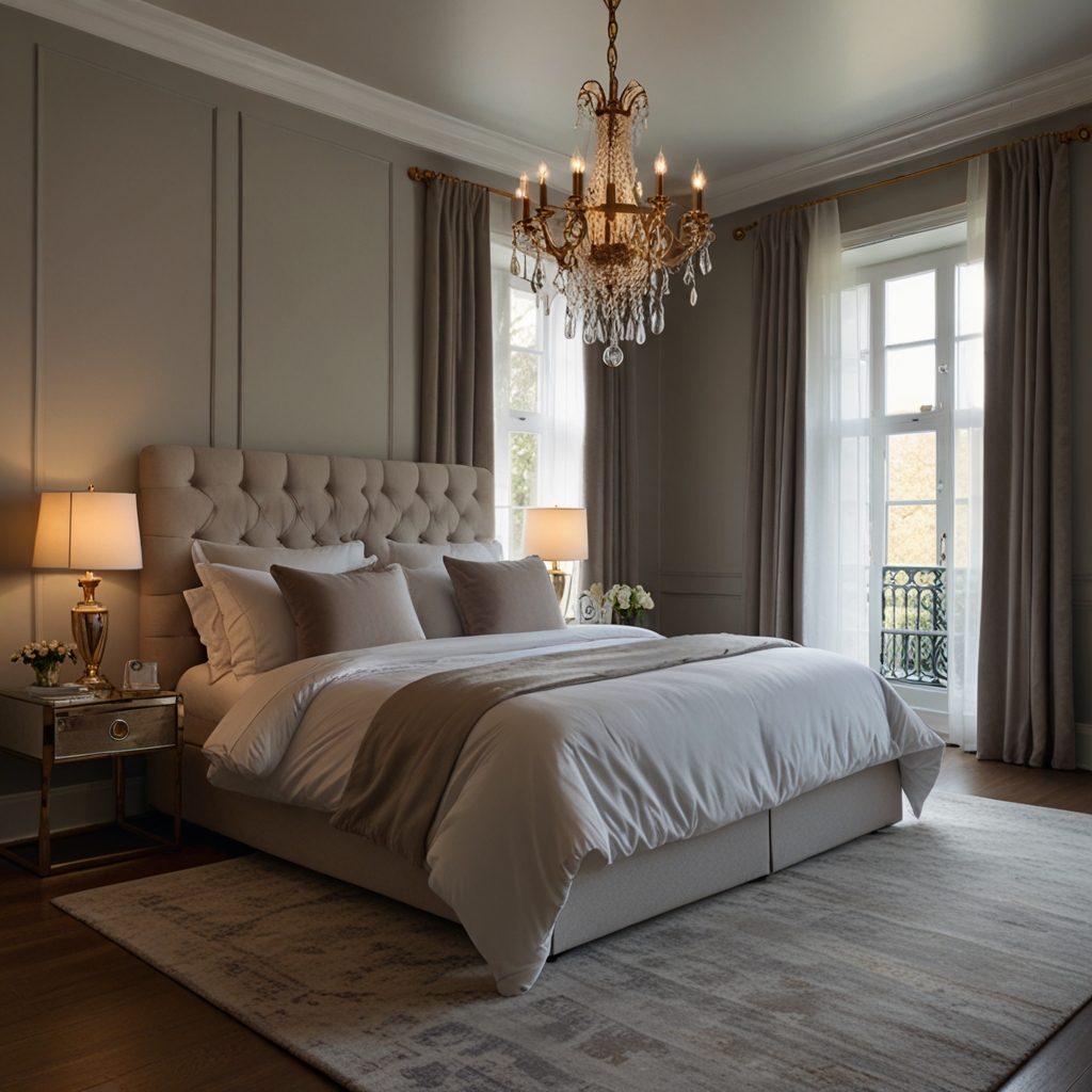 Bedroom with a large decorative mirror above the bed reflecting soft light. Elegant decor and gentle shadows add sophistication to the space.