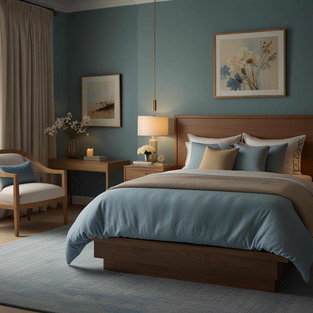 Soft blue, beige, and gentle pink hues foster calm and emotional balance. Warm lighting complements the soothing color scheme.