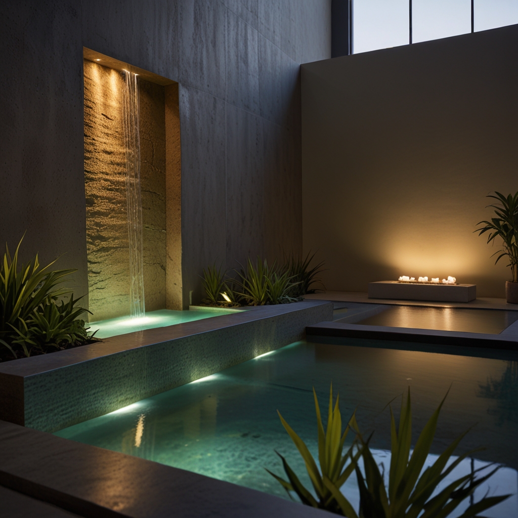 A peaceful bedroom with a small water fountain in the corner, softly lit by ambient light. Gentle shadows and natural light enhance the tranquil vibe.