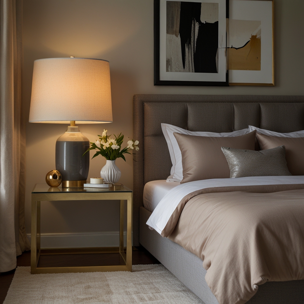 Modern bedroom with sleek bedside tables and warm lighting from table lamps. Sunlight filters in, adding balance to the minimal, chic decor.