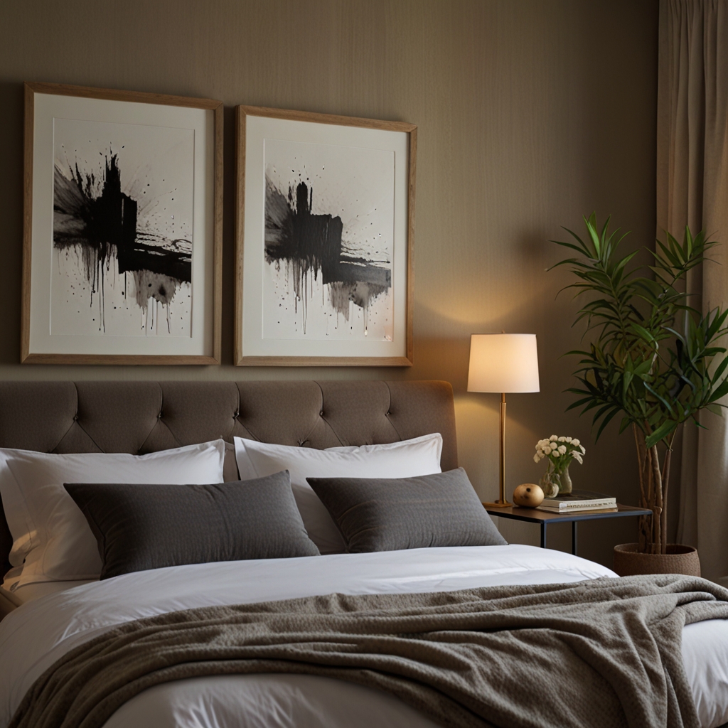 Bedroom with layered wall art above the bed, softly illuminated by warm lighting. The diverse frames and textures create depth and interest.