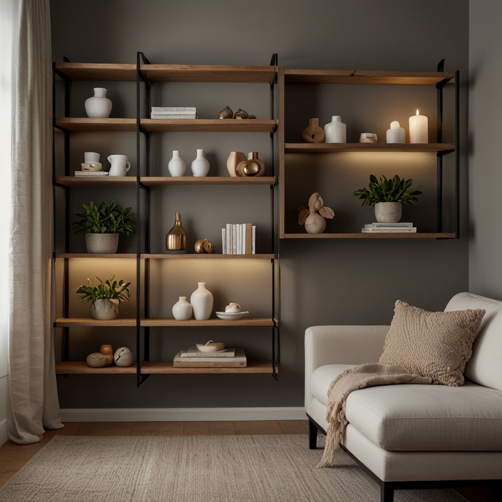 Open shelves with functional decor create a light, expansive atmosphere. Soft lighting keeps the room feeling airy and inviting.